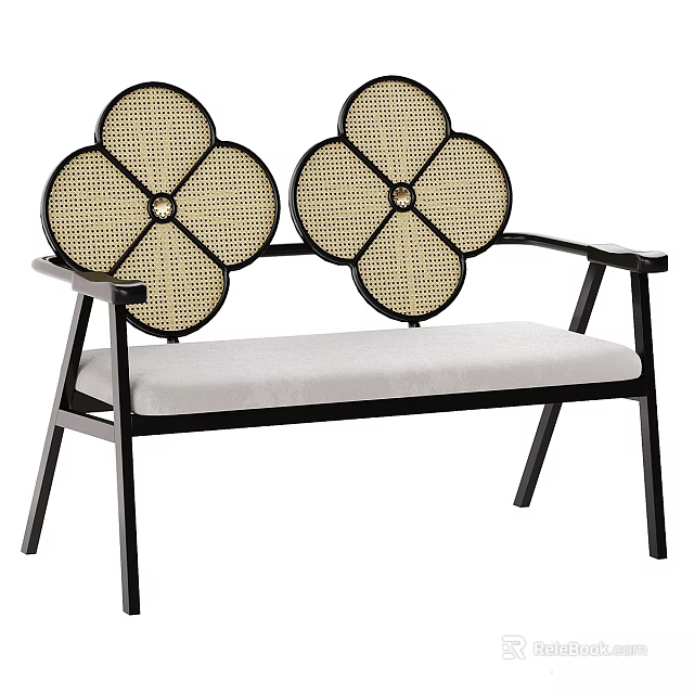 Two Seater Sofa With Black Metal Frame Floral Rattan Backrest And Light Gray Padded Seat 3d model 