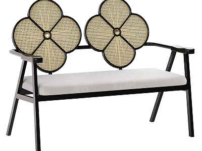 Two Seater Sofa With Black Metal Frame Floral Rattan Backrest And Light Gray Padded Seat 3d model