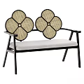 Two Seater Sofa With Black Metal Frame Floral Rattan Backrest And Light Gray Padded Seat