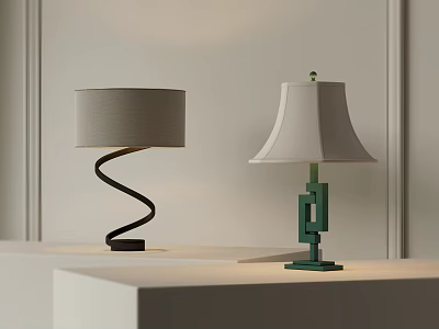 Modern Table Lamps Featuring Spiral And Geometric Bases With Grey And White Fabric Shades 3d model