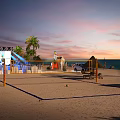 Beach Scene With Sunset Palm Trees Surfboards And BYD Signage