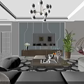 Modern Living And Dining Room Interior With Grey Sofa Geometric Rug And Chandelier