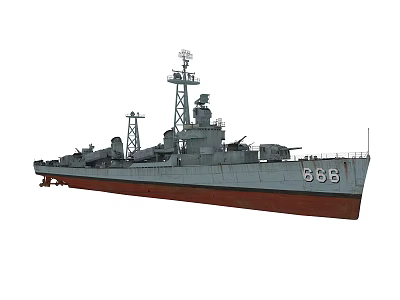 Warship With Number 588 Gray Superstructure Red Hull Bottom Gun Turrets And Radar Towers 3d model