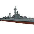 Warship With Number 588 Gray Superstructure Red Hull Bottom Gun Turrets And Radar Towers