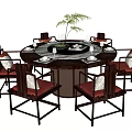 Round Chinese Style Dining Table Set With Red Cushioned Chairs And Turntable Plant Decoration