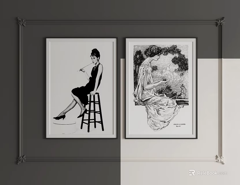 Black and White Framed Portrait Paintings of Women Sitting on Bar Stool and by Window with Foliage 3d model 