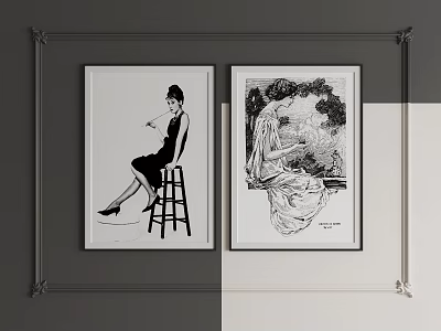 Black and White Framed Portrait Paintings of Women Sitting on Bar Stool and by Window with Foliage 3d model