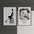 Black and White Framed Portrait Paintings of Women Sitting on Bar Stool and by Window with Foliage