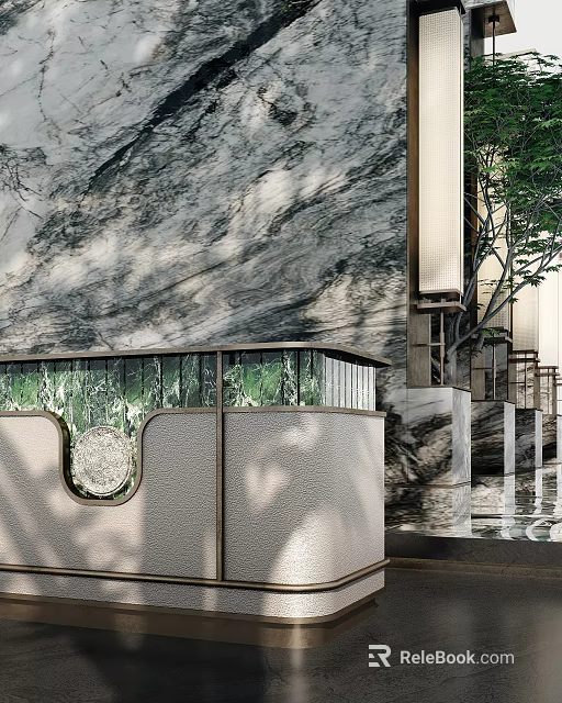 Modern Reception Desk With Mossy Green Marble Front Grey Backdrop Brushed Metal Frame And Greenery 3d model 