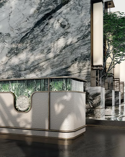 Modern Reception Desk With Mossy Green Marble Front Grey Backdrop Brushed Metal Frame And Greenery 3d model