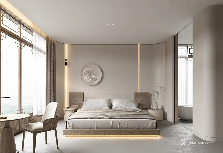 Modern Hotel Guest Room Interior With Bed Circular Art Large Windows And Bathtub 3d model 