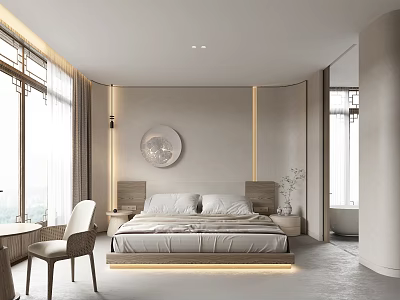 Modern Hotel Guest Room Interior With Bed Circular Art Large Windows And Bathtub 3d model