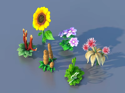 Colorful 3D Plant Collection With Sunflower Purple Pink Flowers And Green Leaves 3d model