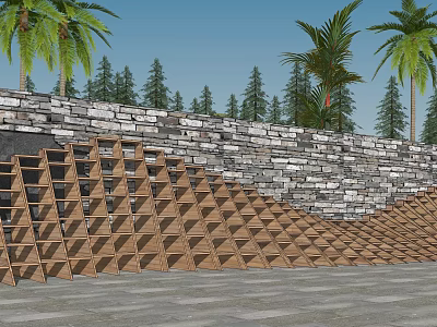 Garden Feature Wall With Wooden Geometric Structure Stone Wall Palm And Pine Trees 3d model