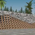 Garden Feature Wall With Wooden Geometric Structure Stone Wall Palm And Pine Trees
