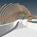 Modern Curved Landscape Bridge Design Surrounded by Water Green Lawn and Trees