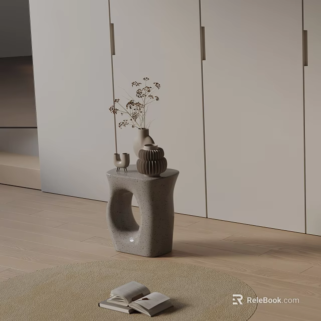Modern Unique Design Gray Bedside Table With Vase And Dried Flowers Decor 3d model
