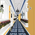 Elevator Hallway With Yellow Walls Blue Patterned Tiles Potted Flowers White Trim And Chandelier