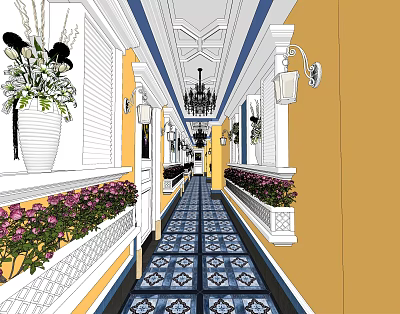 Elevator Hallway With Yellow Walls Blue Patterned Tiles Potted Flowers White Trim And Chandelier 3d model
