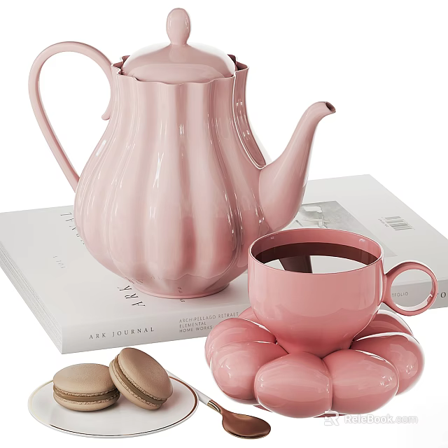 Elegant Pink Tableware Set with Teapot Cup Saucer and Macarons 3d model 