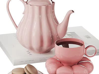 Elegant Pink Tableware Set with Teapot Cup Saucer and Macarons 3d model