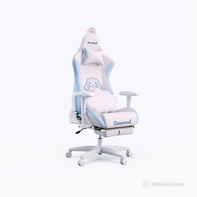 White And Blue Ergonomic Gaming Office Chair With Adjustable Armrests And Lumbar Pillow 3d model 