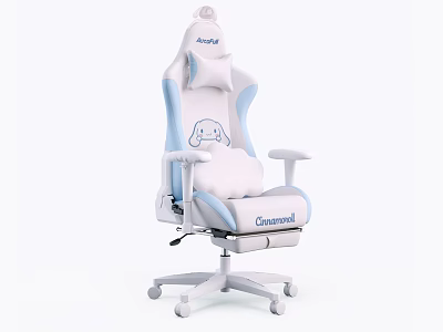White And Blue Ergonomic Gaming Office Chair With Adjustable Armrests And Lumbar Pillow 3d model