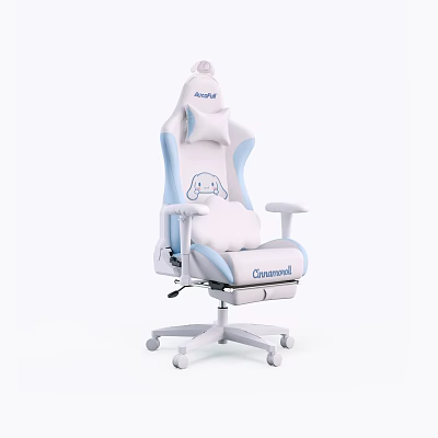 White And Blue Ergonomic Gaming Office Chair With Adjustable Armrests And Lumbar Pillow 3d model