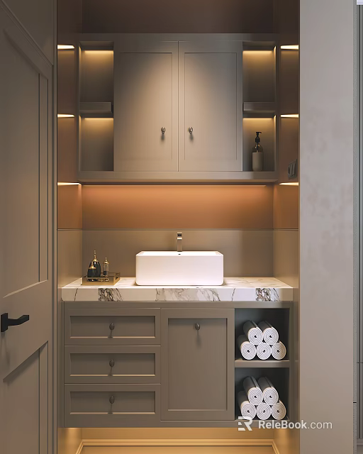Modern Bathroom Interior Design With Marble Vanity Countertop And Built in Cabinets Lighting 3d model 