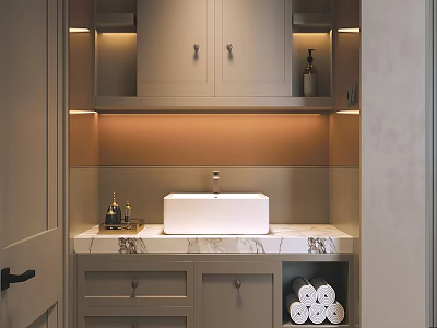 Modern Bathroom Interior Design With Marble Vanity Countertop And Built in Cabinets Lighting 3d model