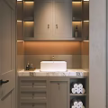 Modern Bathroom Interior Design With Marble Vanity Countertop And Built in Cabinets Lighting