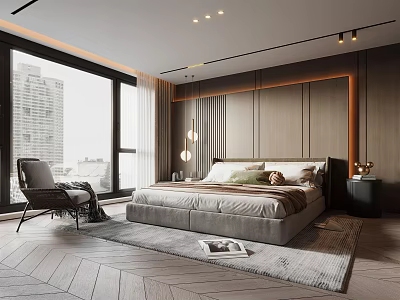 Modern Bedroom Interior With Large Window City View Wooden Wall Paneling Gray Bed And Armchair 3d model
