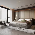 Modern Bedroom Interior With Large Window City View Wooden Wall Paneling Gray Bed And Armchair