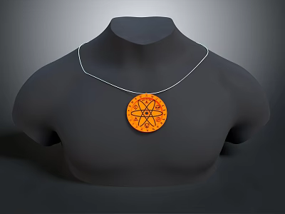 Orange Circular Necklace Pendant With Intricate Pattern Design Displayed On Mannequin 3d model