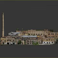 Old Industrial Factory Buildings With Red Gray Roofs Chimney And Green Plants