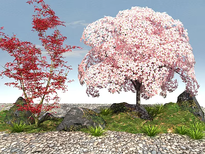 Two Trees With Red Leaves And Pink Flowers Surrounded By Stones Green Grass And Gravel 3d model
