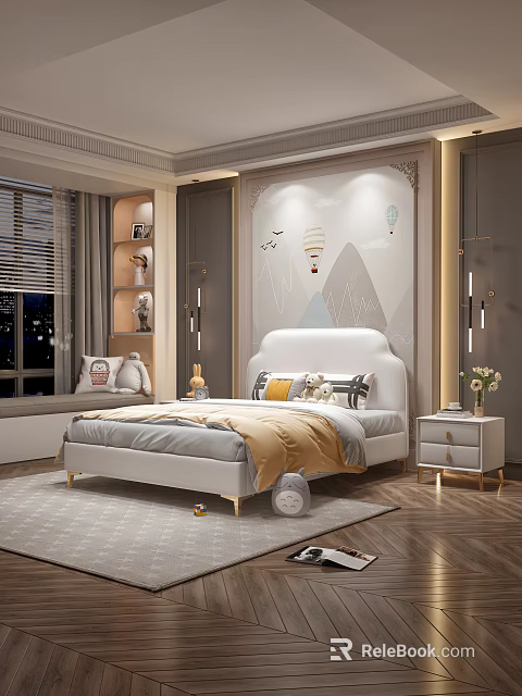 Kids Room Interior With White Bed Yellow Blanket Hot Air Balloon Mural And Mountain Pattern 3d model 