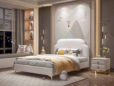 Kids Room Interior With White Bed Yellow Blanket Hot Air Balloon Mural And Mountain Pattern 3d model