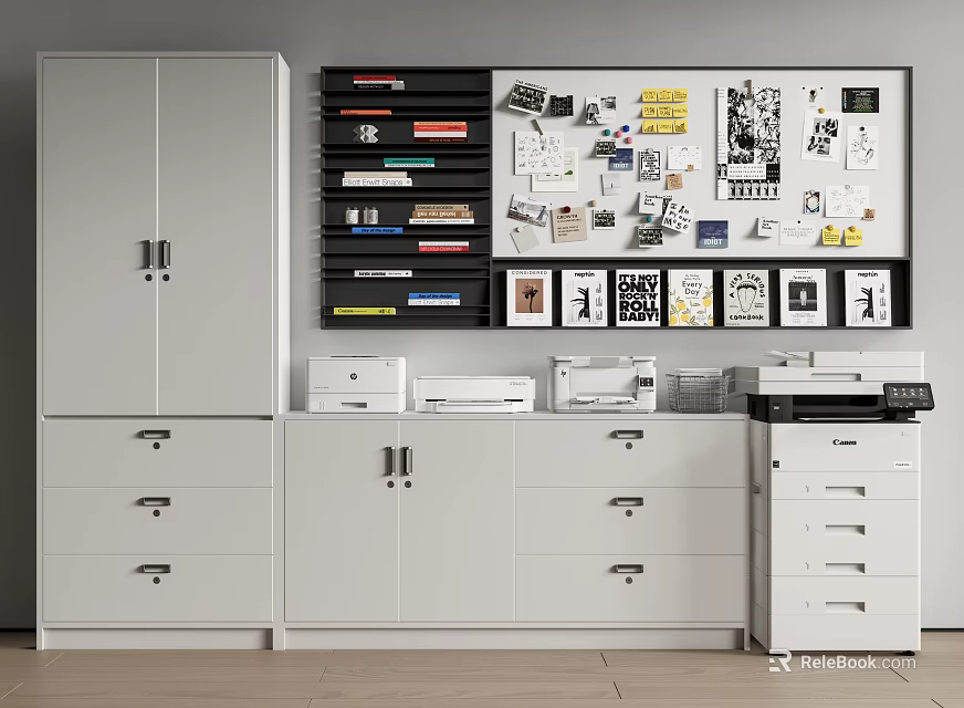 Modern White Bookcase With Drawers And Wall Mounted Bulletin Board Interior Design 3d model 