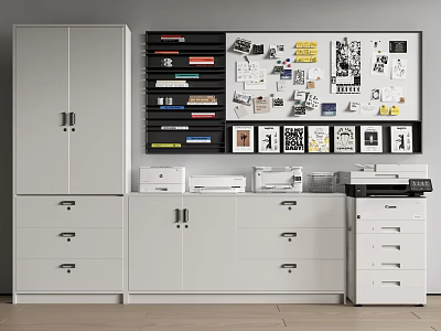 Modern White Bookcase With Drawers And Wall Mounted Bulletin Board Interior Design 3d model