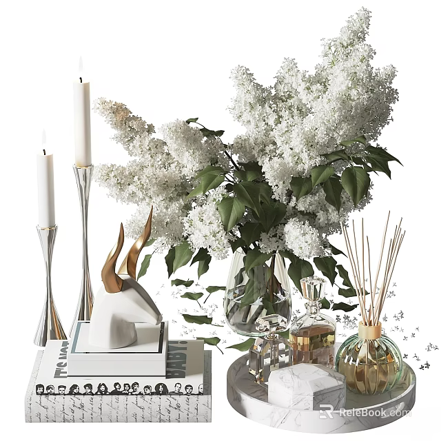 Elegant Decorative Ornament Set Featuring White Lilac Bouquet Glass Vase Metal Candle Holders Aromatic Diffuser 3d model 
