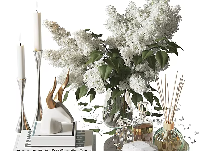 Elegant Decorative Ornament Set Featuring White Lilac Bouquet Glass Vase Metal Candle Holders Aromatic Diffuser 3d model