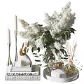 Elegant Decorative Ornament Set Featuring White Lilac Bouquet Glass Vase Metal Candle Holders Aromatic Diffuser