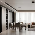 Modern Living Dining Room Interior Design With Beige Sofa Coffee Table Dining Table And Curtains