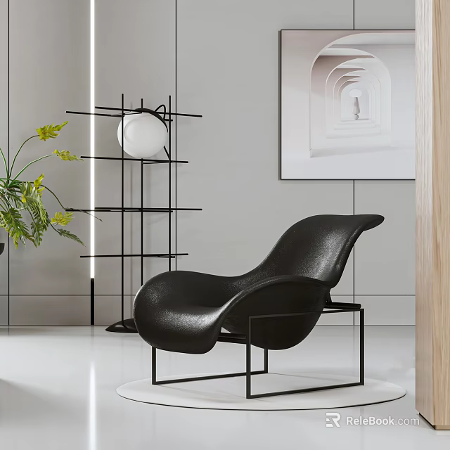 Modern Black Leather Lounge Chair With Metal Frame And Green Plant In Minimalist Interior Space 3d model 
