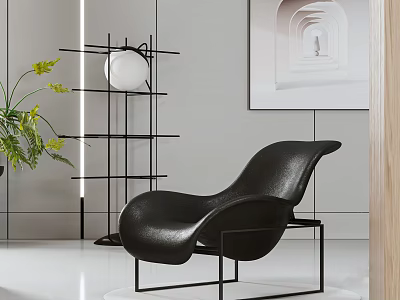 Modern Black Leather Lounge Chair With Metal Frame And Green Plant In Minimalist Interior Space 3d model