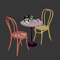 Modern Round Table With White Top And Black Legs Paired With Wooden Curved Back Chairs