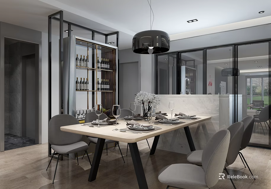 Modern Restaurant Interior With Dining Table Grey Chairs Tableware Wine Rack And Pendant Light 3d model 