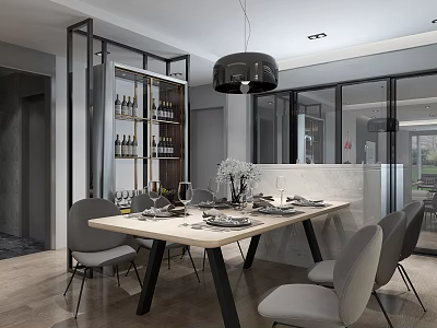 Modern Restaurant Interior With Dining Table Grey Chairs Tableware Wine Rack And Pendant Light 3d model