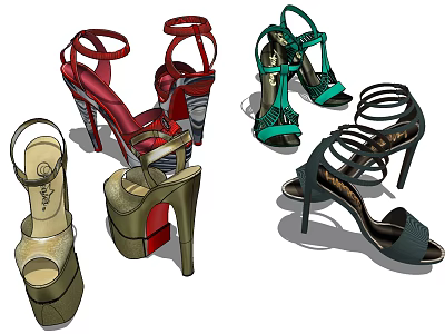 Trendy High Heel Sandals With Strappy Design In Red Green Gold Black Colors 3d model